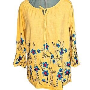 Woman's Profile Apparel boho whimsy embroidered floral garden peasant tunic M-L